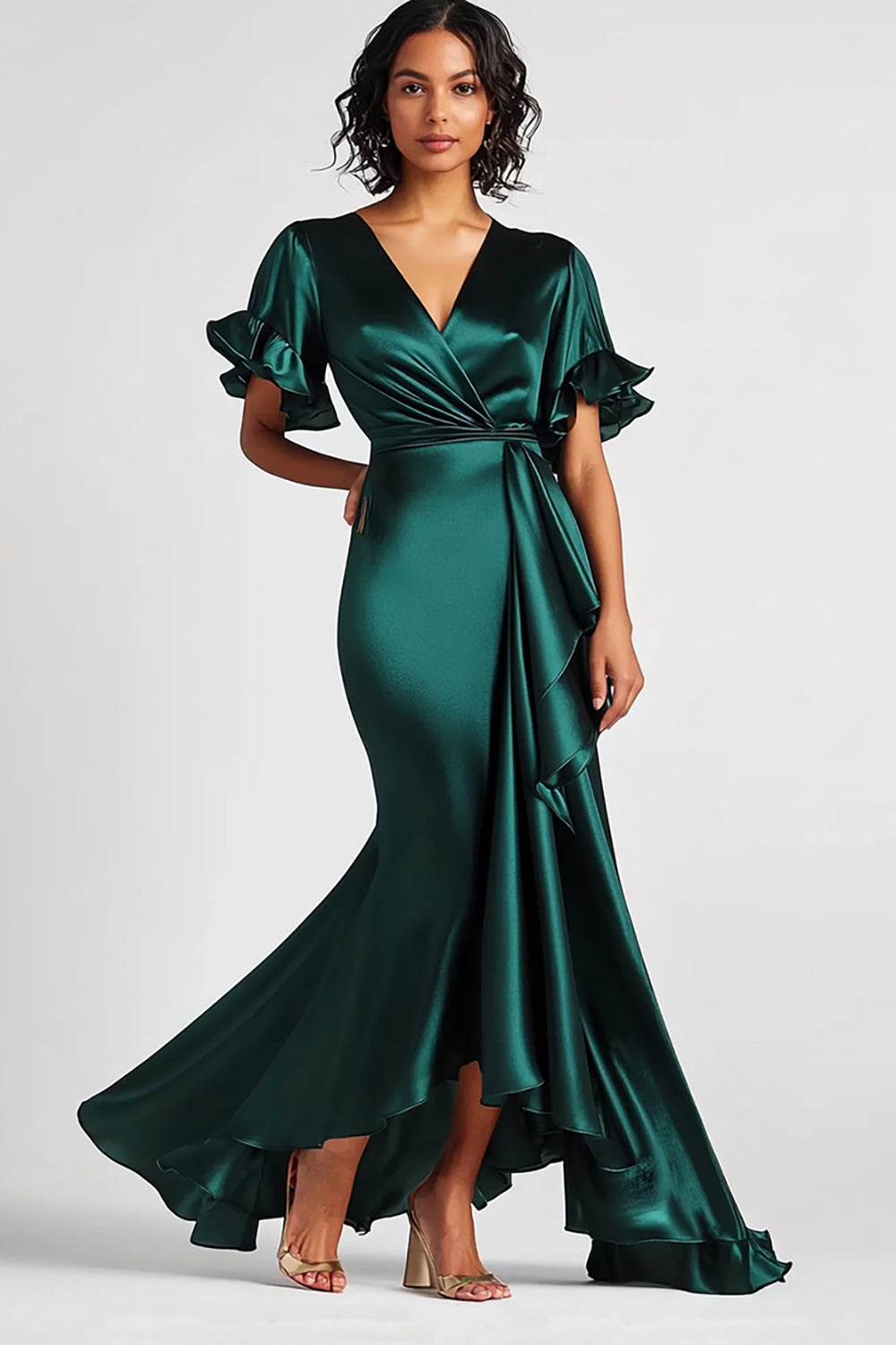 ZAPAKA Women Dark Green Formal Dress Satin Short Sleeves Mermaid V Neck ...