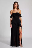 Chiffon Off the Shoulder Black A Line Formal Dress with Slit