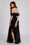 Chiffon Off the Shoulder Black A Line Formal Dress with Slit