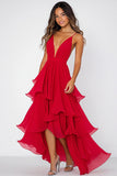 Ruffled Tiered Red Chiffon Spaghetti Straps Formal Dress