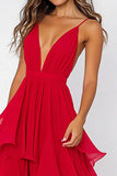 Ruffled Tiered Red Chiffon Spaghetti Straps Formal Dress