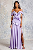 Cold Shoulder Lilac Ruffled Chiffon A-Line Wedding Guest Dress with Slit