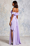 Cold Shoulder Lilac Ruffled Chiffon A-Line Wedding Guest Dress with Slit