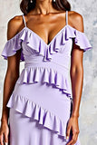 Cold Shoulder Lilac Ruffled Chiffon A-Line Wedding Guest Dress with Slit