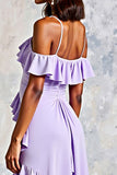 Cold Shoulder Lilac Ruffled Chiffon A-Line Wedding Guest Dress with Slit