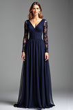 Navy Lace Long Sleeves V Neck A Line Chiffon Formal Dress