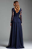 Navy Lace Long Sleeves V Neck A Line Chiffon Formal Dress