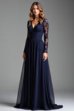 Navy Lace Long Sleeves V Neck A Line Chiffon Formal Dress