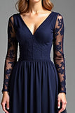 Navy Lace Long Sleeves V Neck A Line Chiffon Formal Dress