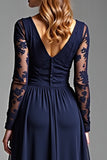 Navy Lace Long Sleeves V Neck A Line Chiffon Formal Dress