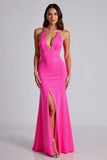 Fuchsia Mermaid Halter Formal Dress With Slit