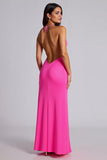 Fuchsia Mermaid Halter Formal Dress With Slit