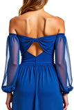 Off The Shoulder Long Sleeve Royal Blue A Line Formal Dress