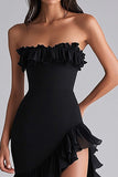 Black Mermaid Strapless Ruffled Formal Dress With Slit