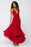 Red Spaghetti Straps Ruffled A Line Formal Dress