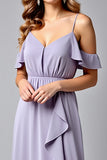 A Line Spaghetti Straps Long Lilac Formal Dress With Ruffles