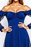 Long Sleeve Off The Shoulder Midi Royal Blue Formal Dress