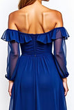 Long Sleeve Off The Shoulder Midi Royal Blue Formal Dress