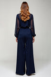 Navy V-Neck Long Sleeve Chiffon Formal Dress