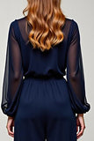 Navy V-Neck Long Sleeve Chiffon Formal Dress