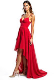 Red A Line Asymmetrical Chiffon Formal Dress With Ruffles