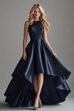 Navy Satin Asymmetrical Formal Dress With Ruffles