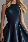 Navy Satin Asymmetrical Formal Dress With Ruffles