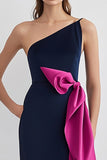 One Shoulder Sheath Long Navy Formal Dress With Bows