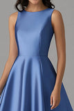 Blue A Line Sleeveless Ruched Satin Midi Formal Dress