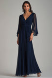 A Line Navy V-Neck Chiffon Formal Dress