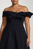 Off The Shoulder A Line Plus Size Black Satin Formal Dress