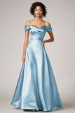 Sky Blue Off The Shoulder A Line Satin Formal Dress