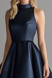 Halter Navy A Line Satin Formal Dress