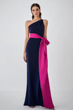 One Shoulder Navy Fuchsia Sheath Formal Dress with Belt