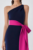 One Shoulder Navy Fuchsia Sheath Formal Dress with Belt