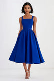 Royal Blue Square Neck Ruched Midi Formal Dress