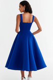 Royal Blue Square Neck Ruched Midi Formal Dress