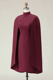 Burgundy Sheath High Neck Midi Formal Dress with Cape