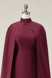 Burgundy Sheath High Neck Midi Formal Dress with Cape