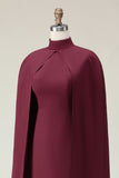 Burgundy Sheath High Neck Midi Formal Dress with Cape