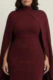 Burgundy Plus Size Sheath High Neck Midi Formal Dress with Cape