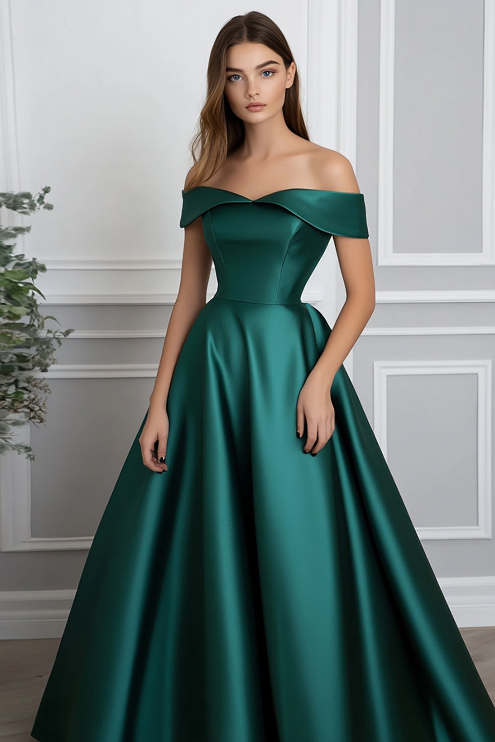 Zapaka Women Off The Shoulder Formal Dress Dark Green A Line Satin ...