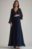 Navy A Line V-Neck Chiffon Formal Dress with Long Sleeves