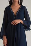 Navy A Line V-Neck Chiffon Formal Dress with Long Sleeves