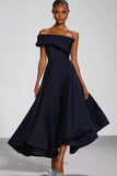 One Shoulder Navy Satin Formal Dress