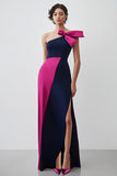 Navy Fuchsia Cold Shoulder Sheath Formal Dress