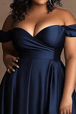 Plus Size Navy Off The Shoulder Satin Long Formal Dress with Slit