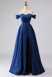 Off the Shoulder Navy Satin A-Line Long Prom Dress with Slit