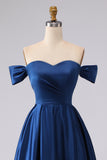 Off the Shoulder Navy Satin A-Line Long Prom Dress with Slit
