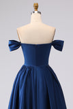 Off the Shoulder Navy Satin A-Line Long Prom Dress with Slit